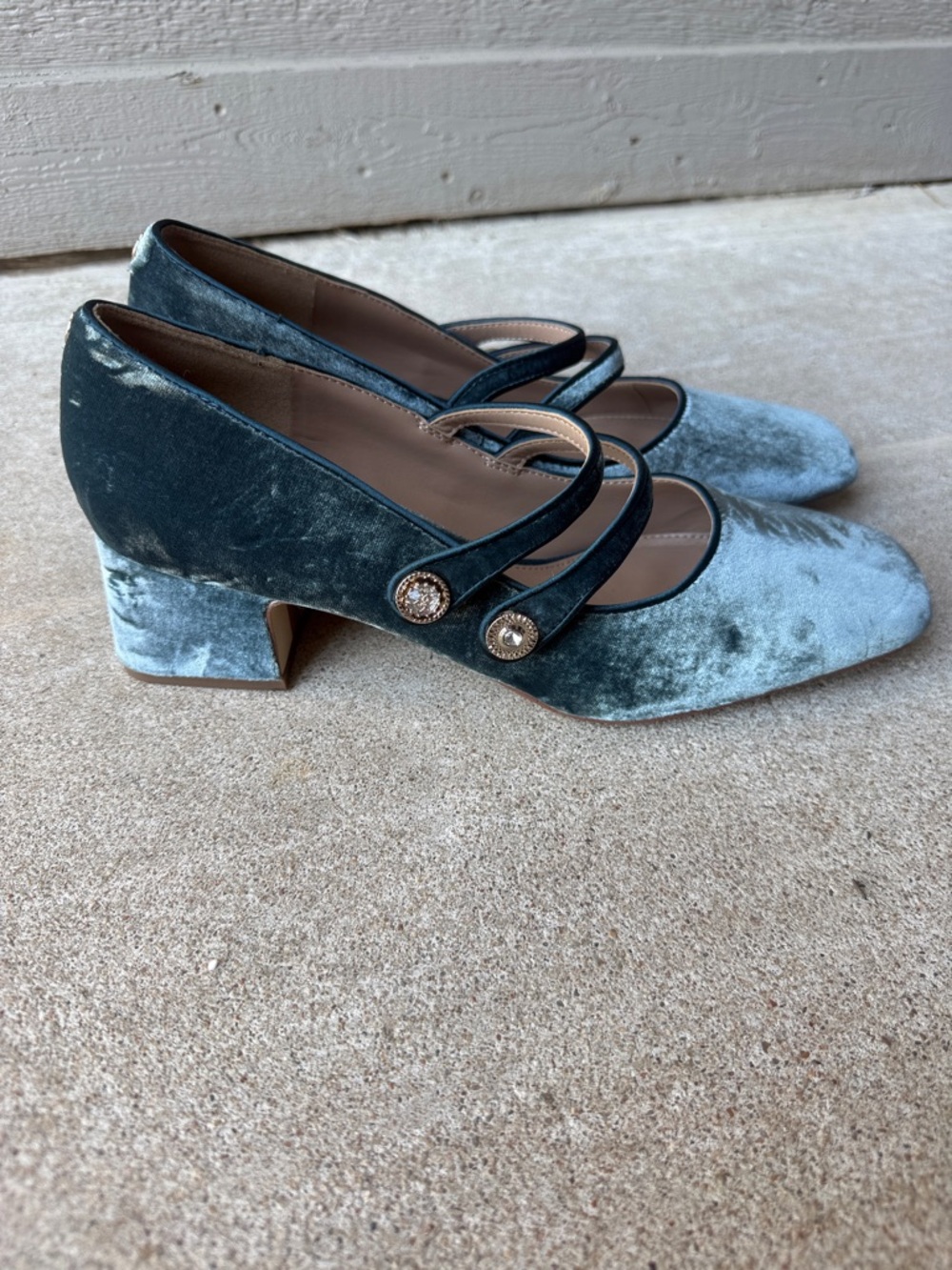 Sam Edelman Teal Blue Velvet Double-Strap Block Heels - Picture 5 of 6